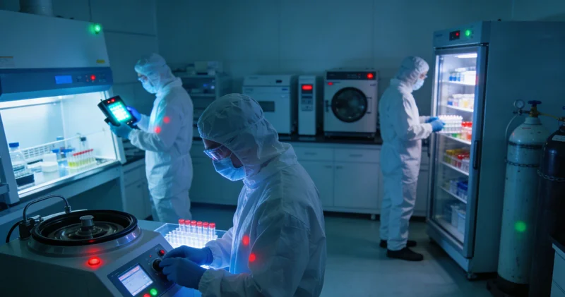 一位专业检验人员正在无菌操作台