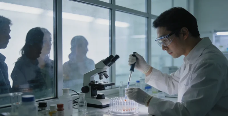 一位医生正在实验室分析基因检测