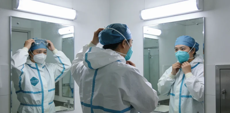 医护人员展示用于采集咽拭子的无