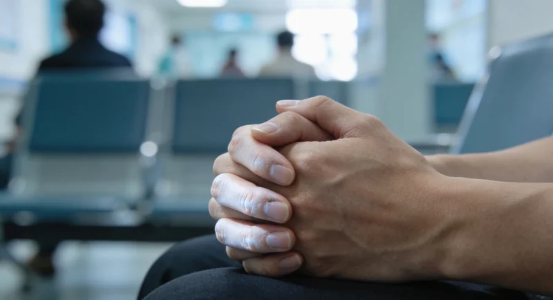 一位年轻女性在办公室手抚腹部，