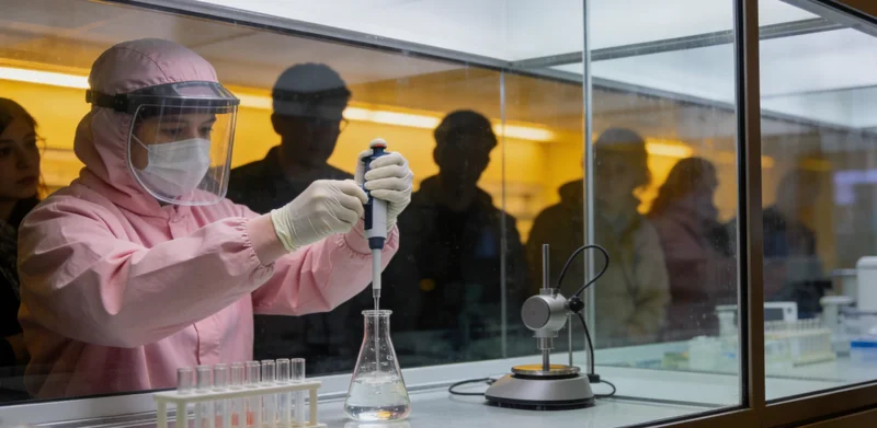 实验室内技术人员在生物安全柜中