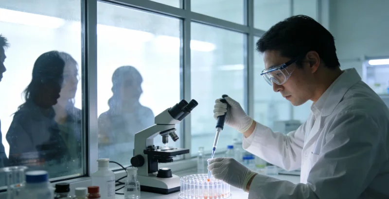 现代化实验室内景,身着防护服的