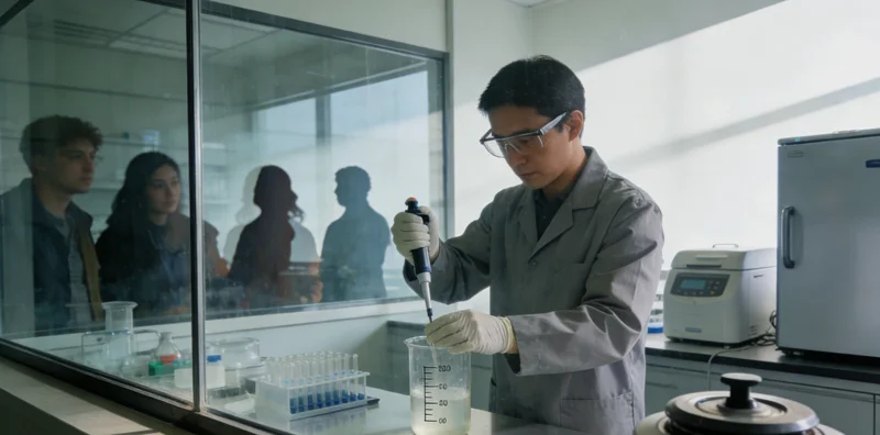 专业基因检测实验室内部，技术人员正在操作精密仪器