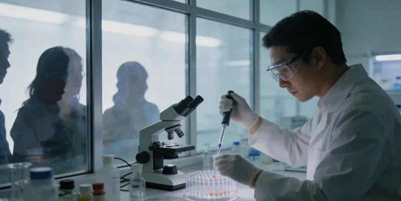 在专业的实验室内，身穿白大褂的技术人员正在精密仪器前操作，进行基因检测的样本分析工作。