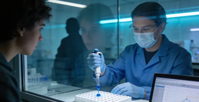 一位医生正在实验室仪器前观察细