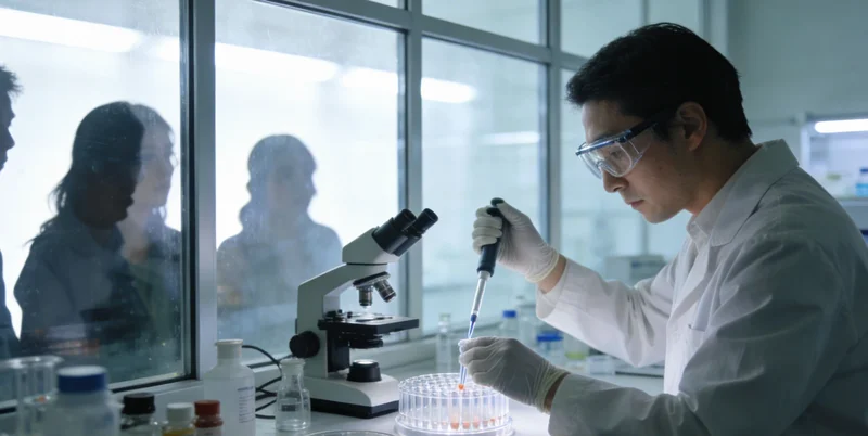 专业基因检测实验室内部,技术人员正在操作精密仪器