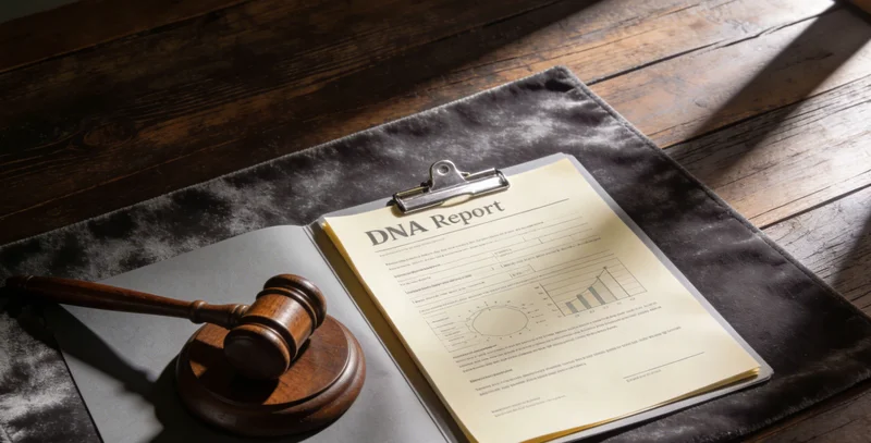 一只手指着基因检测报告上的关键数据，旁边有一副眼镜和一杯咖啡，体现专业解读场景