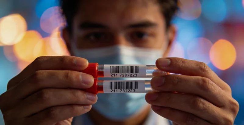 医生指着CT影像与患者沟通检测