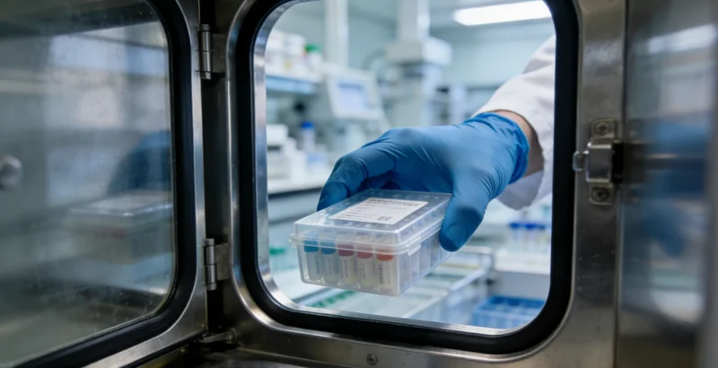 一家人围坐在一起，神情专注地查看一份医学检测报告