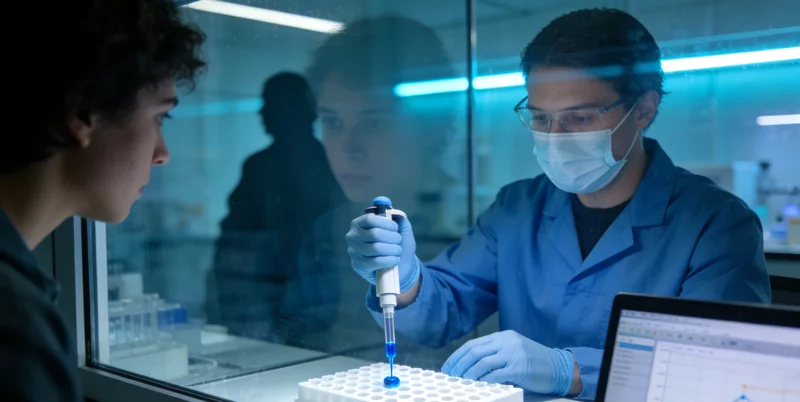 专业咨询师在中山某温馨的咨询室内为一对夫妇解读基因检测报告