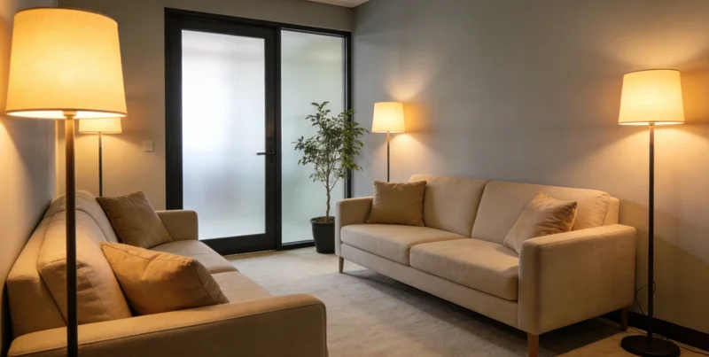 医生在诊室内与一位康复中的患者