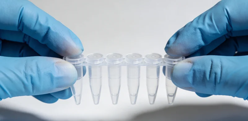 医生在办公室内,正在仔细查看和分析基因检测报告