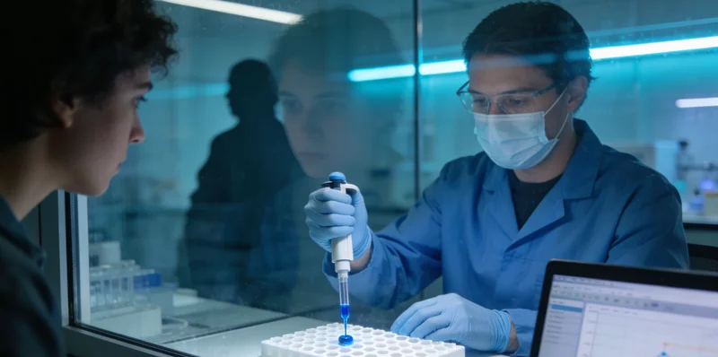 一位家长在医院诊室内,与医生认真讨论基因检测报告