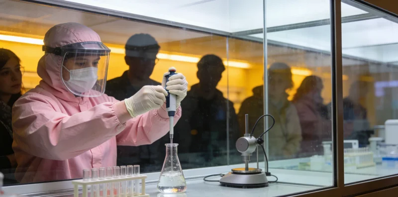 科研人员正在实验室通过精密仪器