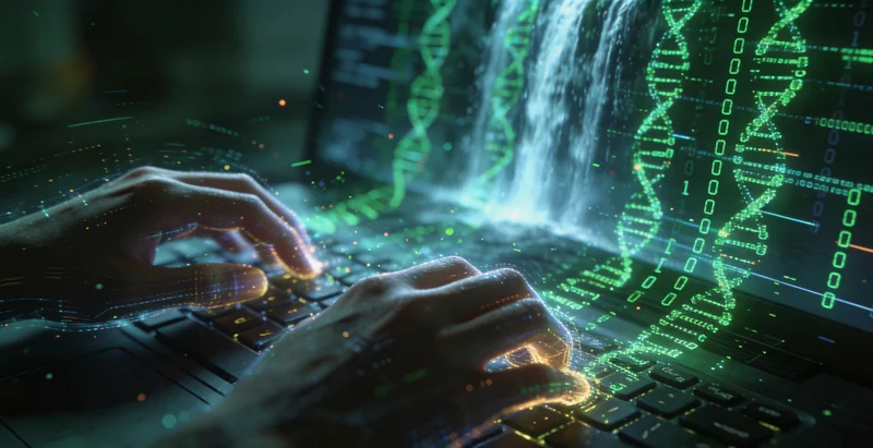 DNA双螺旋与流动的数据链条，