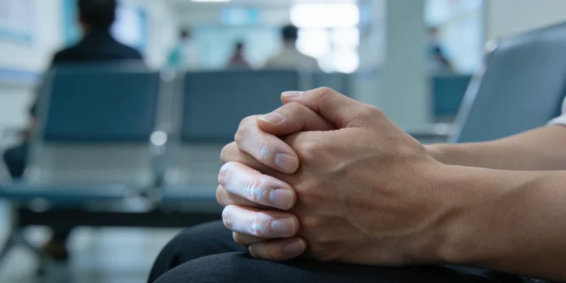 一位母亲在抚州某医院儿科诊室外