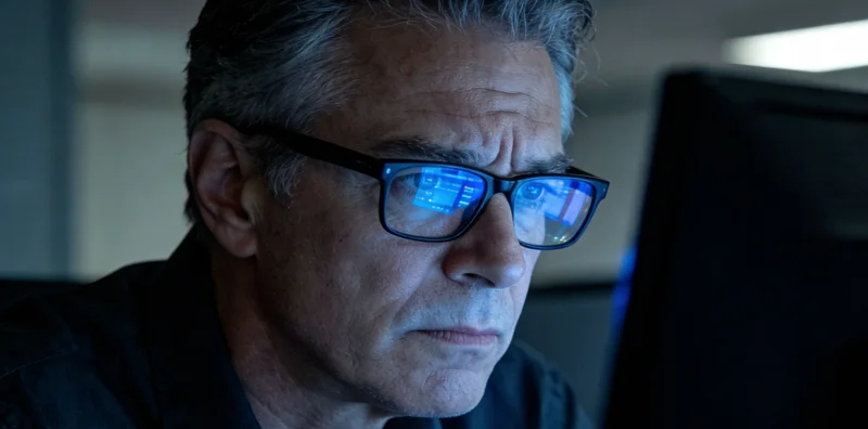 医生在诊室内，指着电脑屏幕上的