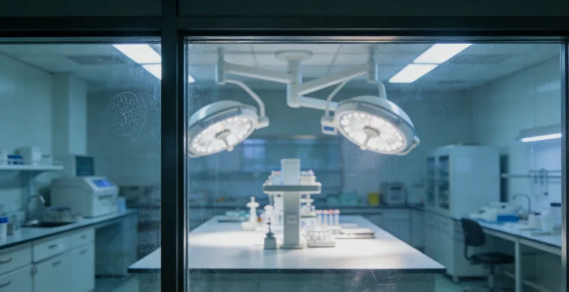 现代化基因检测实验室内部，技术人员正在操作设备，背景隐约可见阜阳文峰塔轮廓