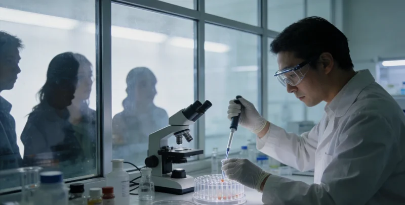 基因检测实验室内的科学仪器与数据分析报告示意图