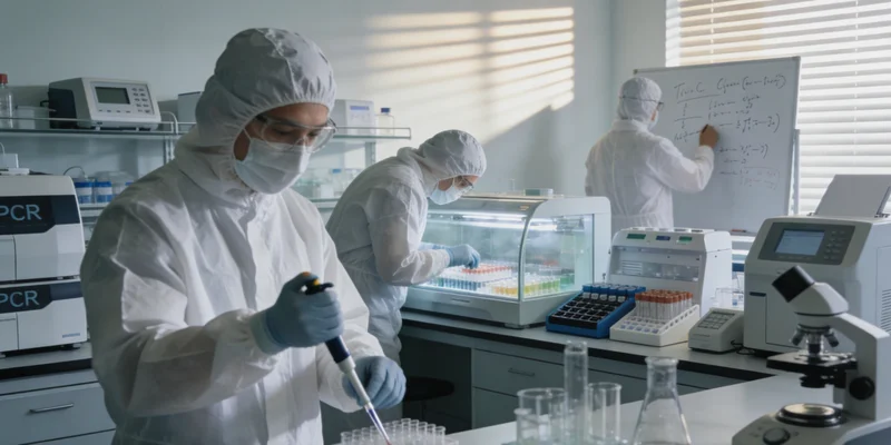 一位医生正在实验室分析基因检测