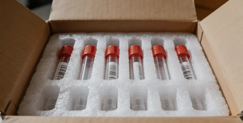 密封的居家采样盒与手机显示加密