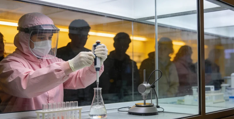 专业人员正在为患者家属解读基因检测报告,手指报告内容