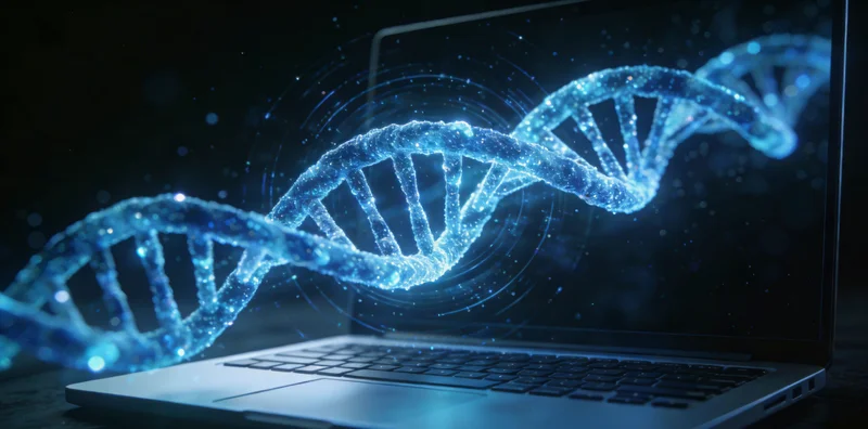 医生在显微镜和DNA模型前工作