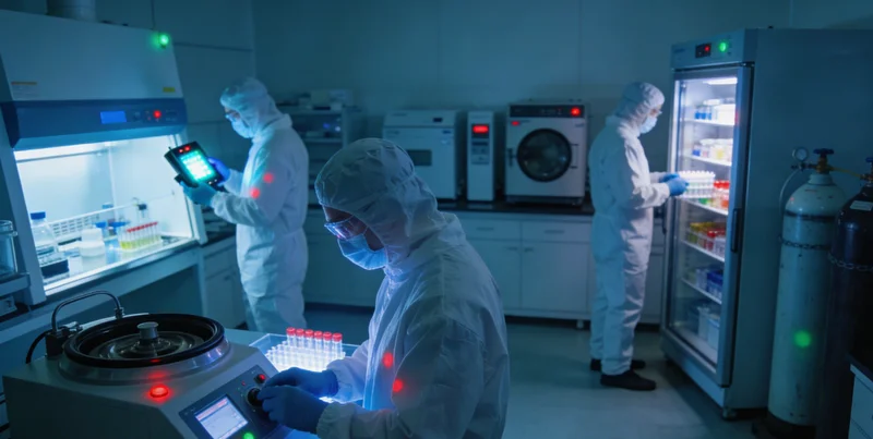 医生在办公室内讨论基因检测报告,背景带有崇左地标元素