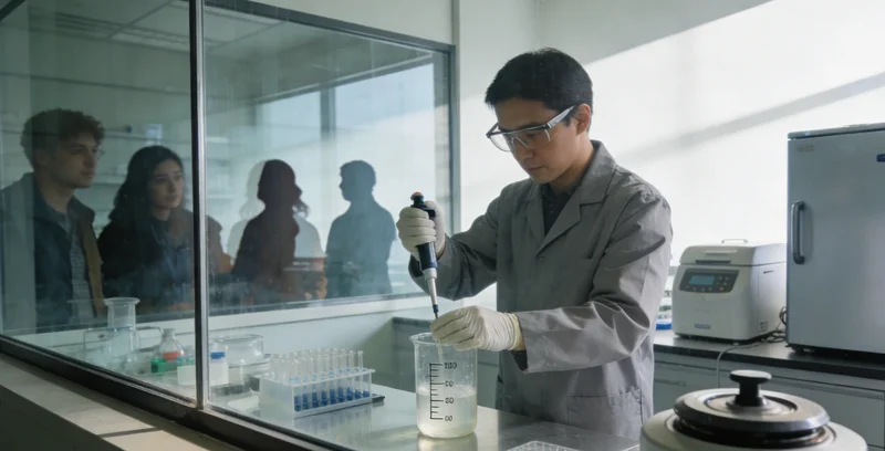 传统实验室显微镜检视图，示意传