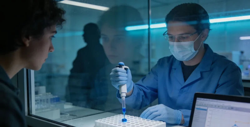 医生与患者围绕基因检测报告进行沟通的温馨场景