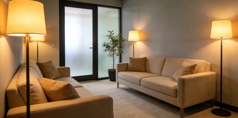 一位来宾市民在家中查看体检报告，面露担忧，思考健康问题