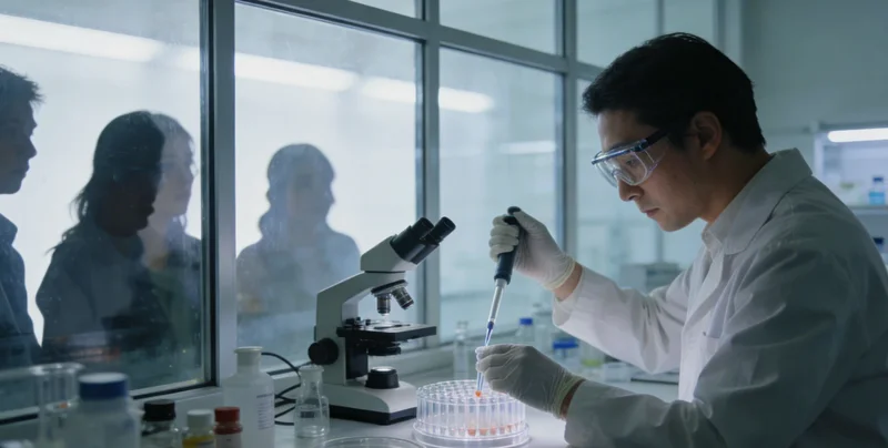 专业基因测序实验室内部,技术人员正在操作精密仪器