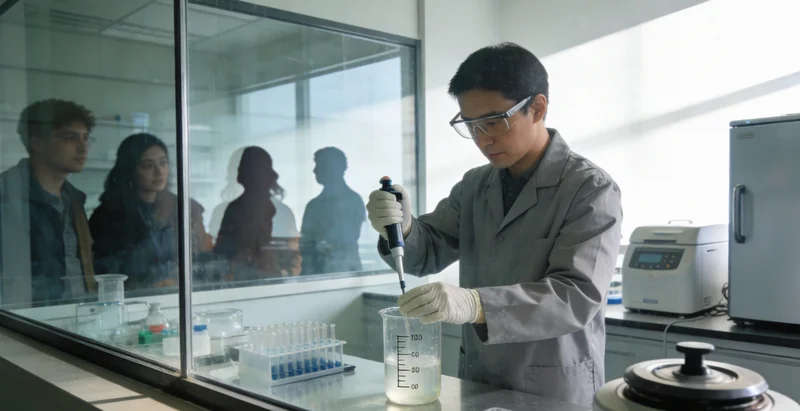 实验室内，身着防护服的技术人员