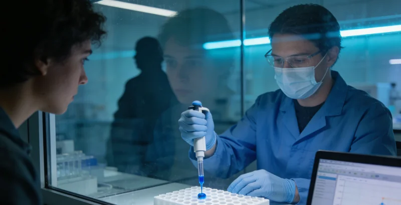 专业洁净的医学实验室内,科研人员正在操作精密仪器进行检测分析