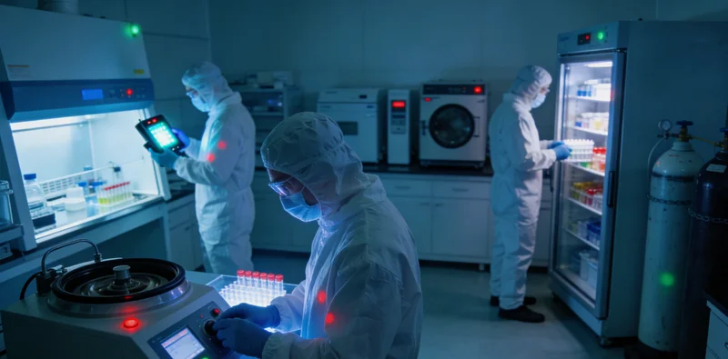 现代化基因检测实验室内部,技术人员正在操作精密测序仪器