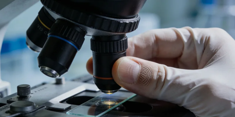 医生通过显微镜和基因图谱分析病