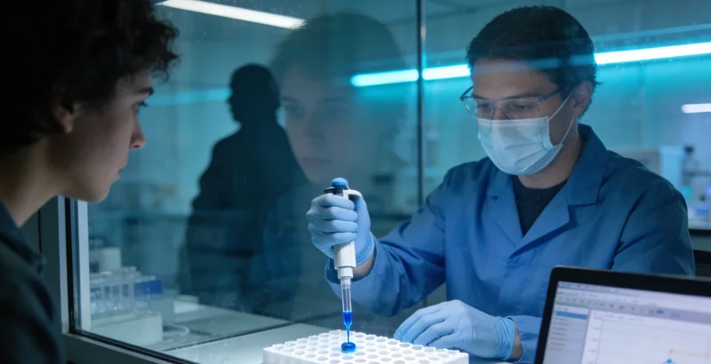 一位医生在实验室里，正通过精密