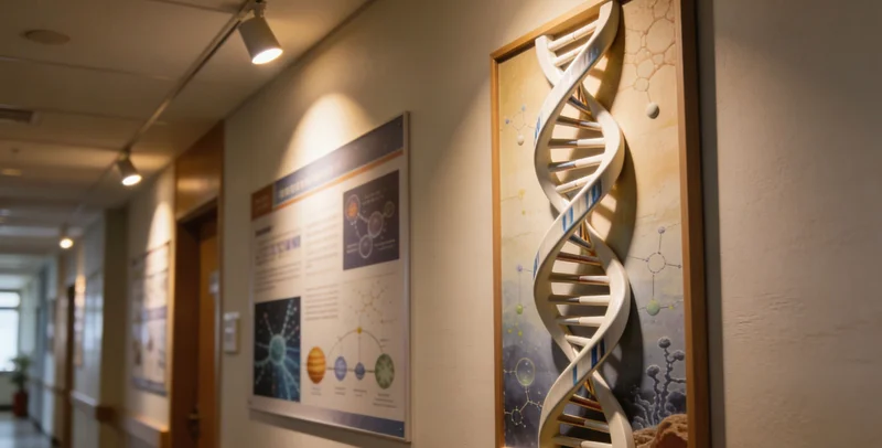 一只放大镜聚焦在DNA双螺旋结