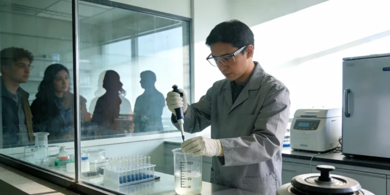 现代化基因测序实验室内部，科研人员正在操作精密仪器