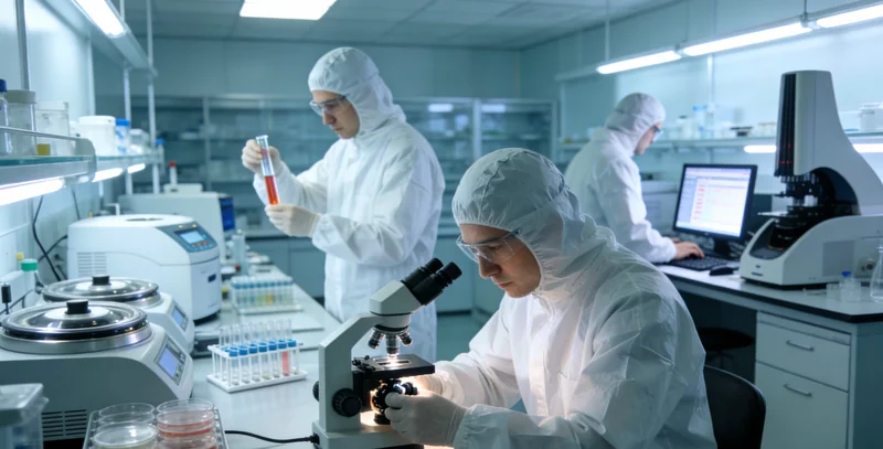 身穿防护服的技术员在生物安全柜