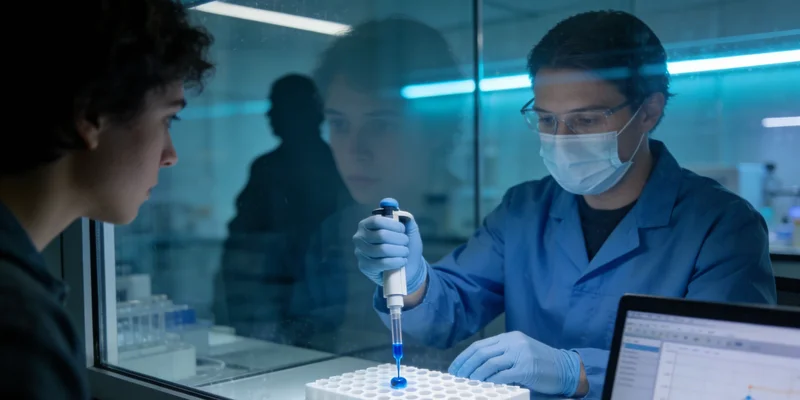 一份打开的基因检测报告特写,一位医护人员正用手指着报告内容进行详细讲解