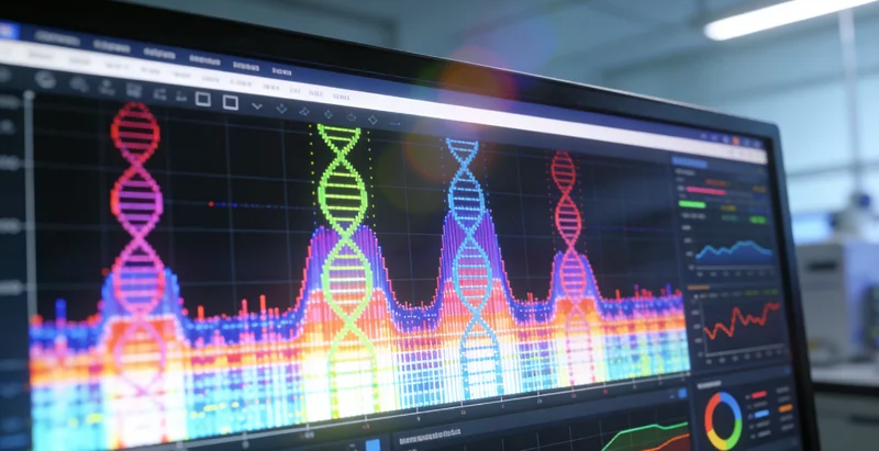 生物信息分析师在电脑前分析复杂