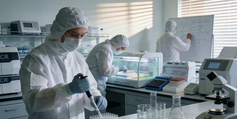 传统显微镜下观察病原体的场景,