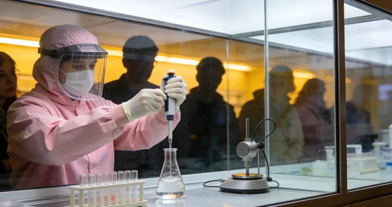 明亮整洁的现代化基因检测实验室内部，工作人员正在操作精密仪器