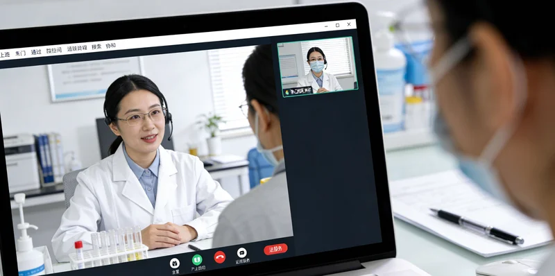 医生在办公室与患者家属沟通检测