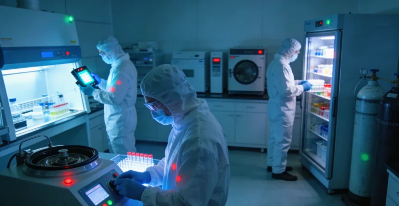 实验室内，身着防护服的技术人员