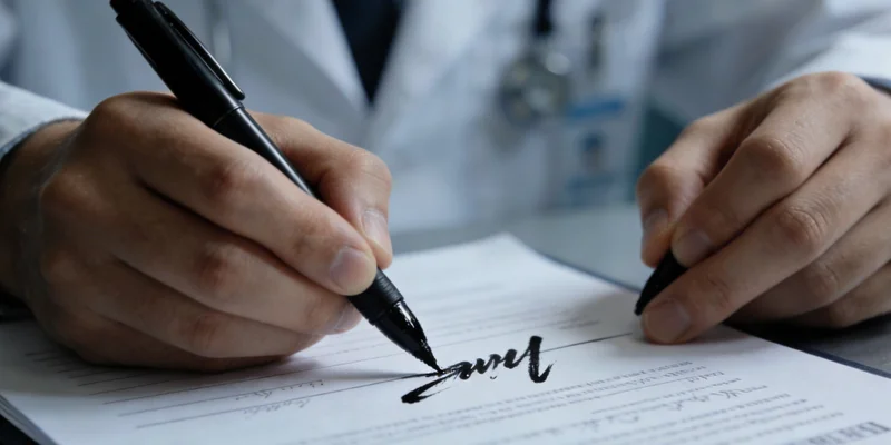 女性在诊室与医生沟通健康问题