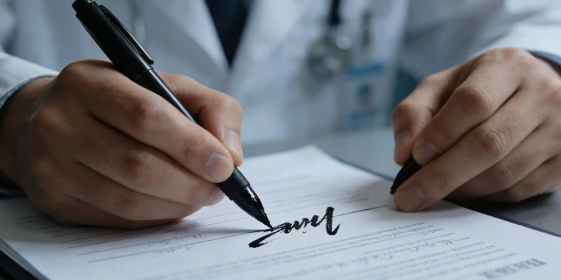 医护人员正在向咨询者展示报告并