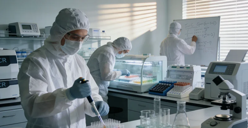 医生在显微镜前观察传统脑脊液涂