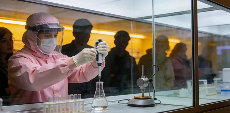 实验室内景,聚焦于正在工作的P